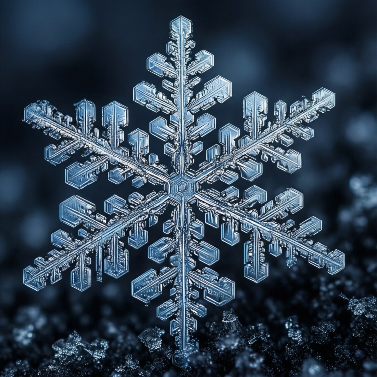 Snowflake Macro Detail 壁紙 — 一片複雜的冰晶雪花，有六個對稱的臂，在黑暗模糊的背景上發出半透明的藍色光芒。