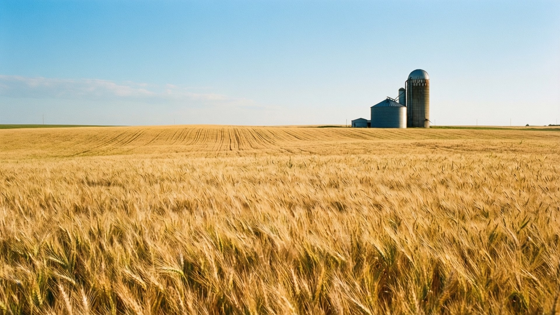 Kansas Wheat Fields 壁紙 — 一片廣闊的金色麥田向著晴朗的藍天延伸，遠處有筒倉和穀倉。