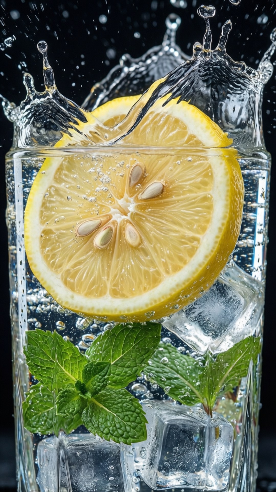 Lemon Splash Refresh 壁紙 — 一片鮮黃色的檸檬片在清水中戲劇性地飛濺，伴有冰塊和新鮮薄荷葉。