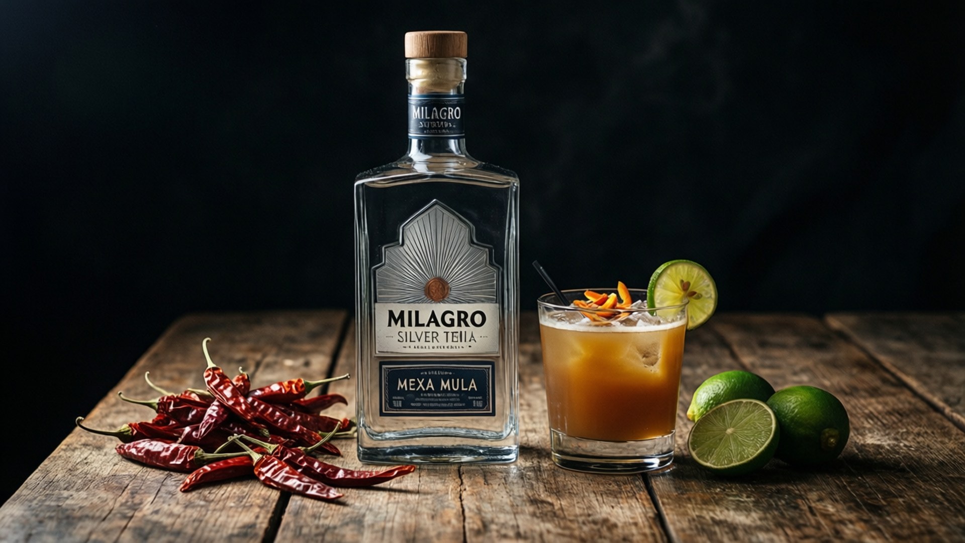 Mexa Mula Drama 壁紙 — 一瓶Milagro Silver Tequila和一杯辛辣的MEXA MULA雞尾酒放在質樸的木桌上，旁邊有乾辣椒和新鮮萊姆。