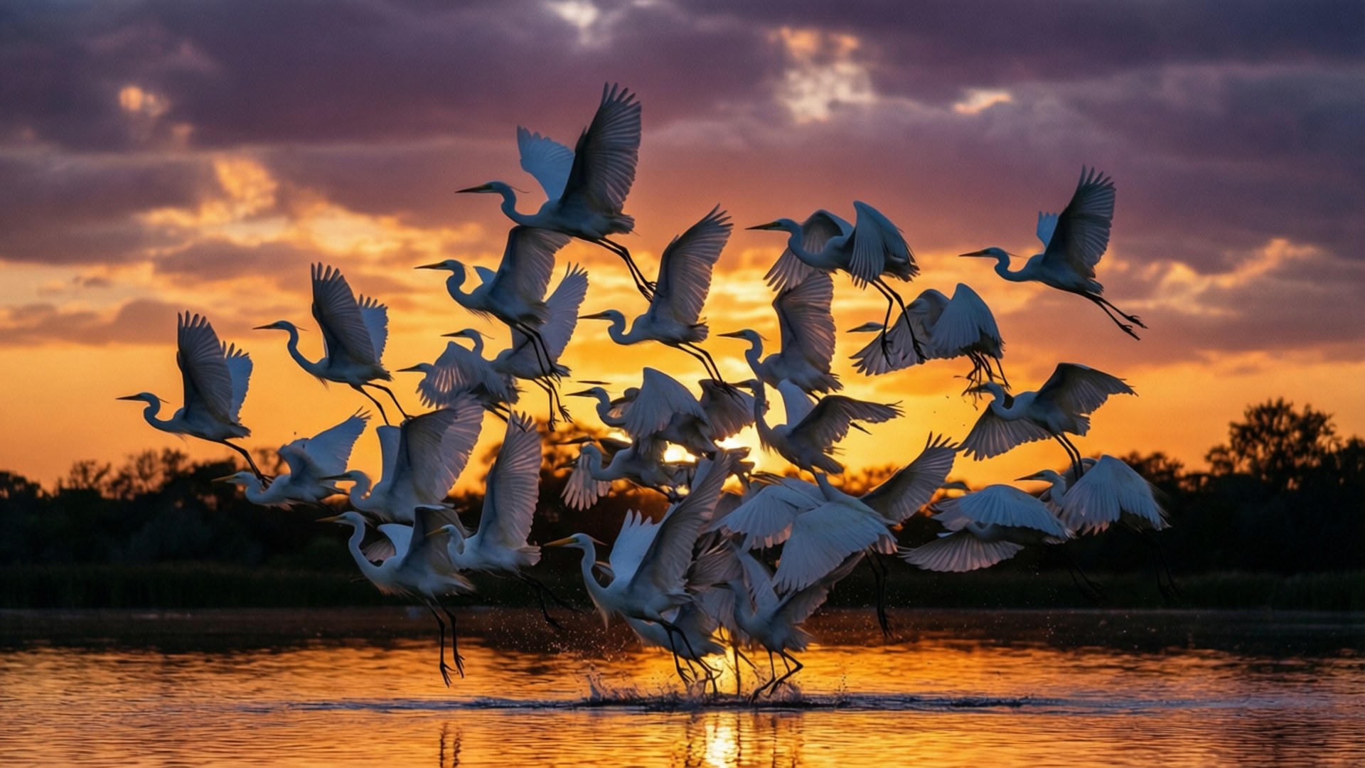 Egret 桌布 壁紙 — 一群白鷺從閃耀的日落水面起飛，上方有戲劇性的紫橙色雲彩。
