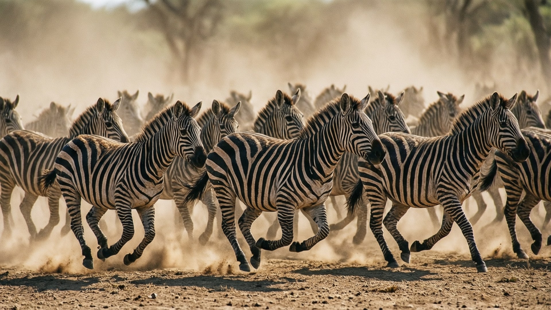 Zebra 桌布 壁紙 — 一群斑馬在塵土飛揚的稀樹草原上奔騰，在金色陽光下揚起陣陣塵土。