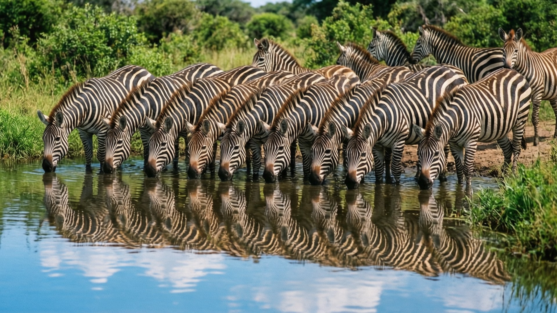 Waterhole Reflections 壁紙 — 一群斑馬在平靜的河邊飲水，牠們的條紋倒影完美地映照在水中，周圍環繞著茂密的綠植。