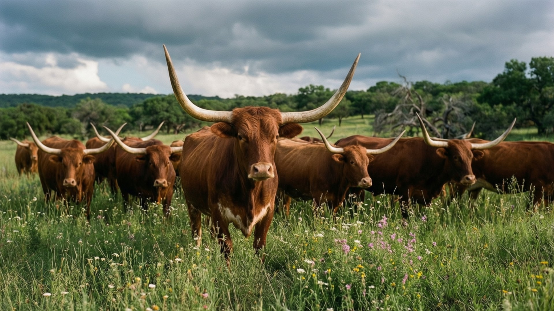 Longhorn Cattle in Hill Country 壁紙 — 一群長角牛，擁有巨大的彎曲角，站在一片綠油油的田野中，田野點綴著野花，天空戲劇性地多雲。