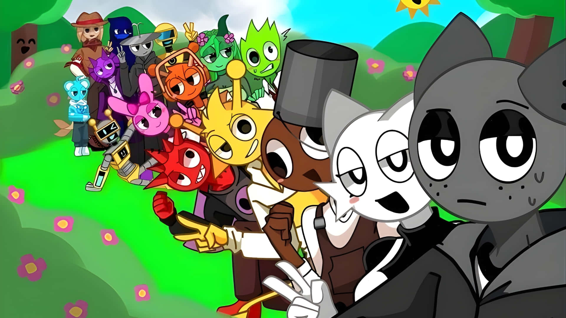  壁紙 — 一群充滿活力的卡通擬人化角色在陽光明媚的草地上愉快地擺姿勢，草地上有粉紅色的花朵和起伏的山丘。