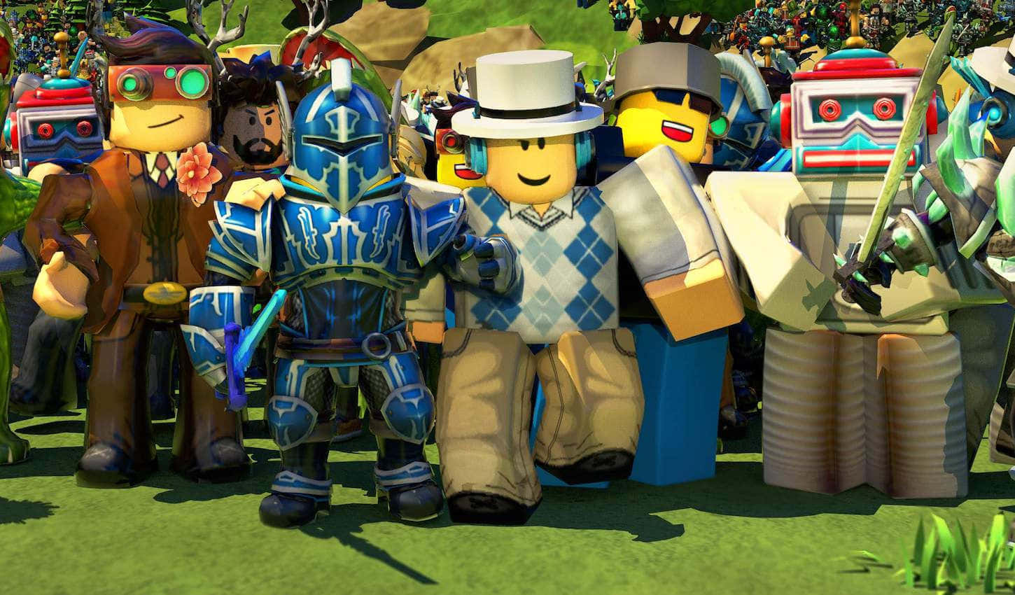 一群穿著各種服裝的 Roblox 頭像站在草地上。 — Roblox 壁紙