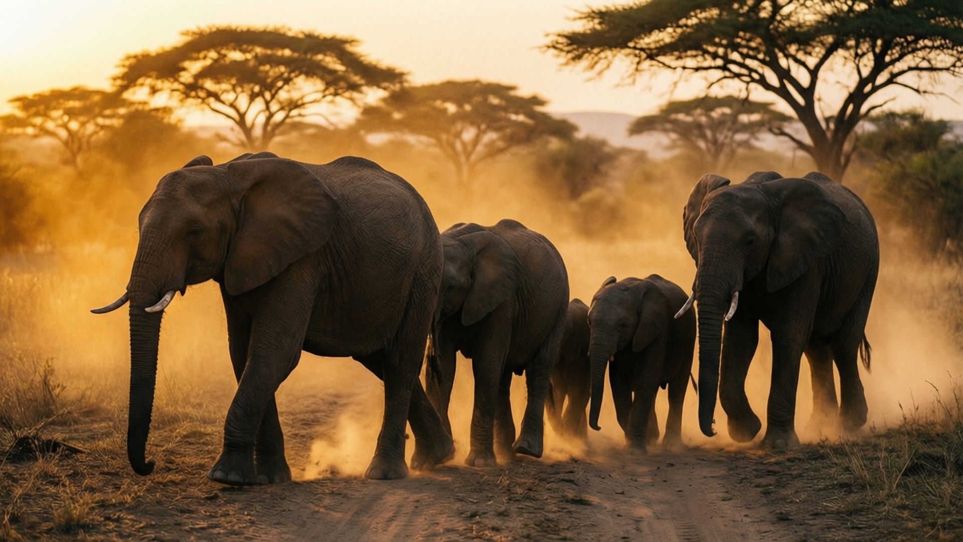 Elephant Family at Golden Hour 壁紙 — 一群大象在非洲大草原溫暖的夕陽下穿過金色的塵埃。