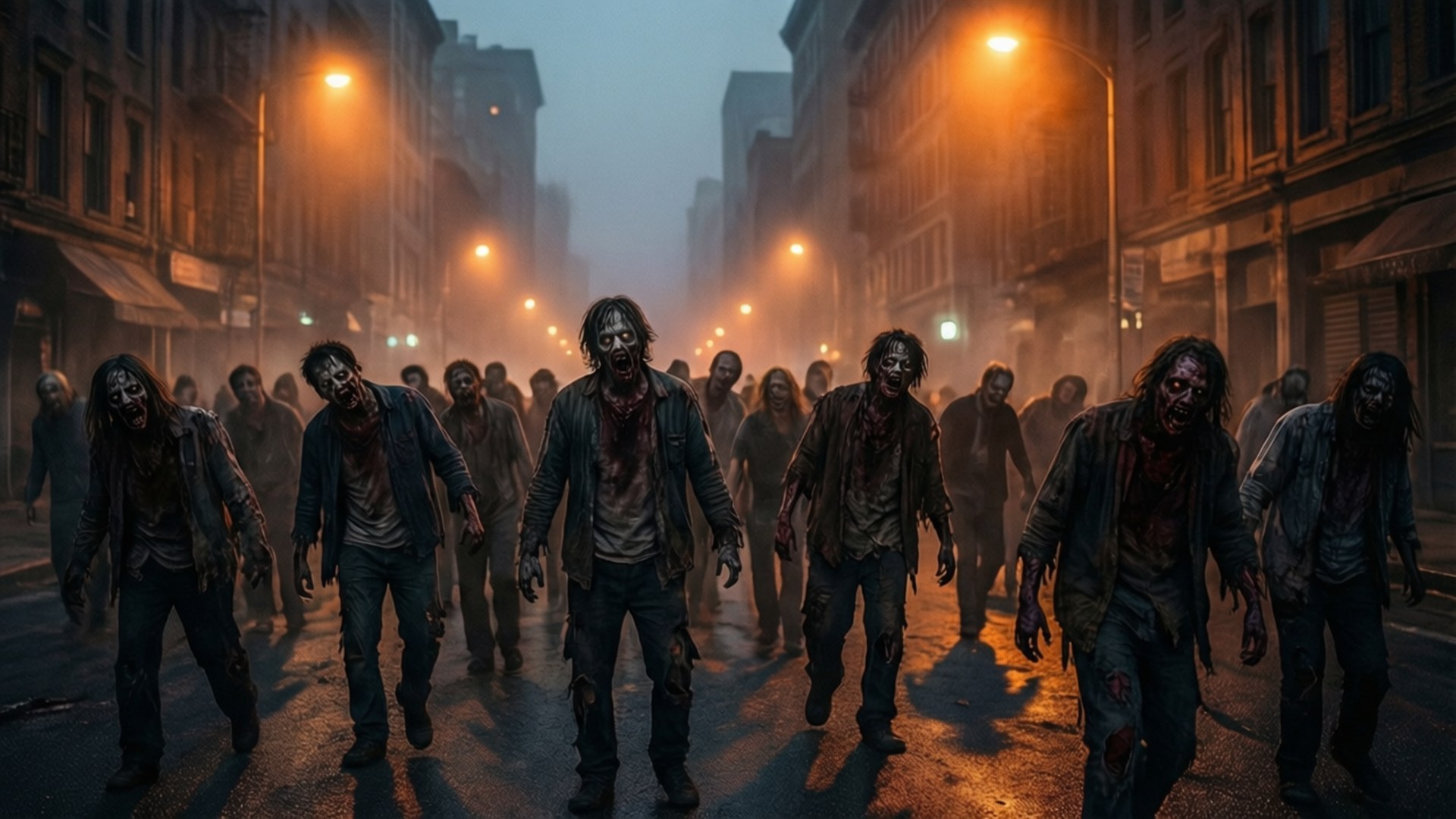 Zombie Horde in Foggy City 壁紙 — 一群腐爛的殭屍在橙色街燈的照耀下，蹣跚地走過霧氣瀰漫的城市街道。