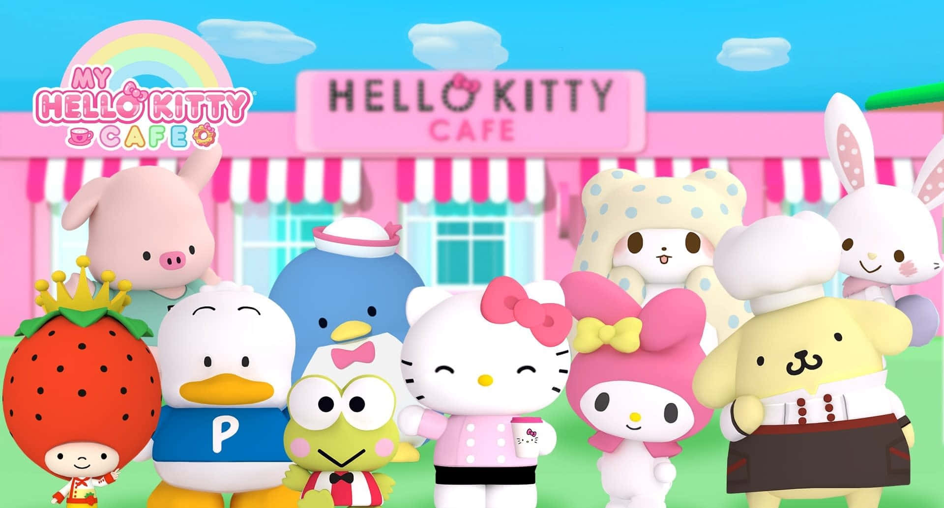 Hello Kitty和朋友們在帶有彩虹和笑臉的粉紅色咖啡館。 — Hello Kitty 壁紙