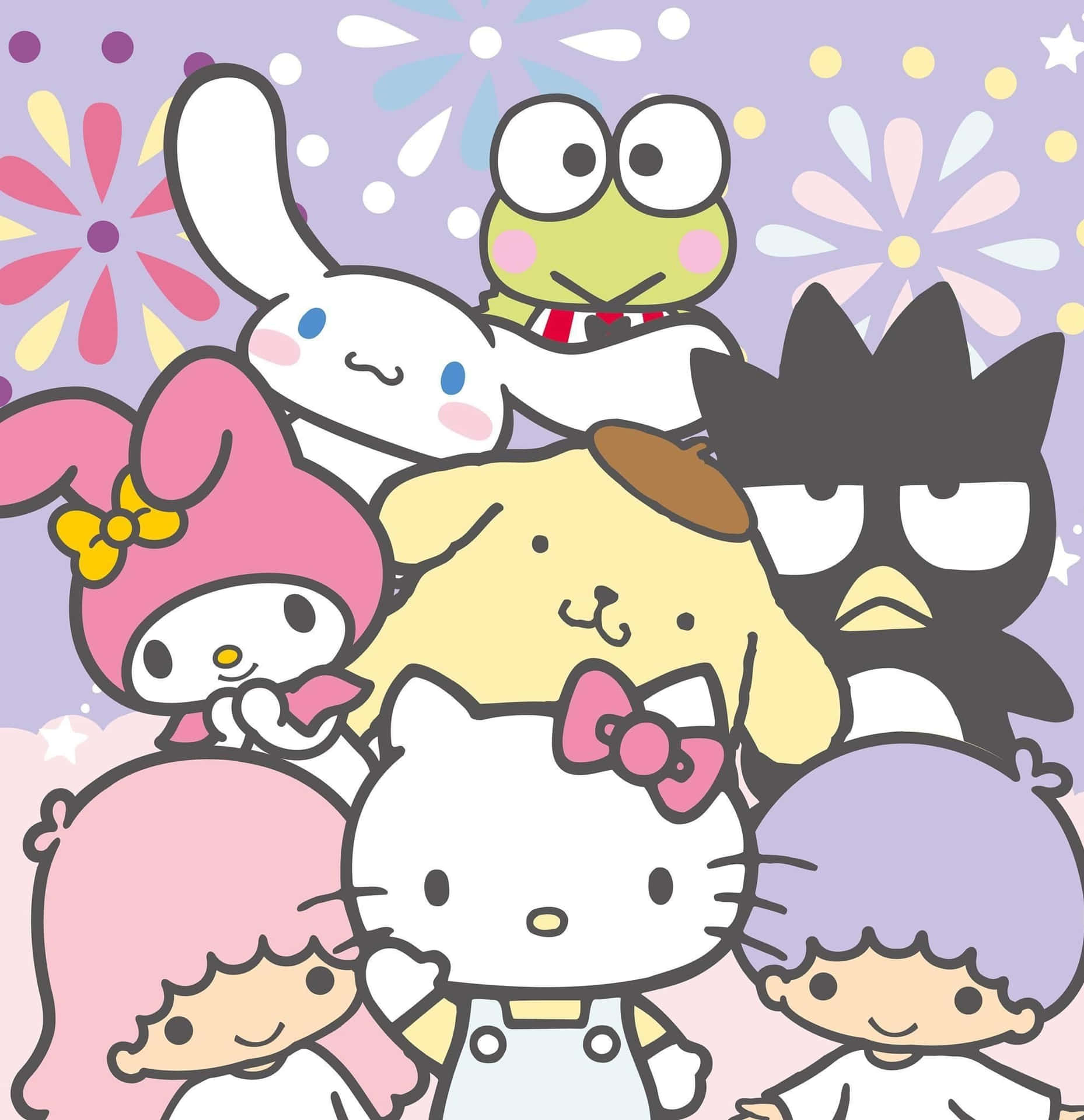 一群Sanrio角色在色彩繽紛的花卉場景中一起微笑。 — Hello Kitty 壁紙