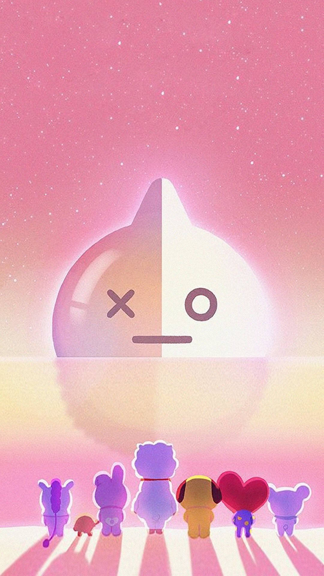 可愛的卡通動物仰望一個巨大的笑臉，在粉紅色的星空下。 — Bts 壁紙