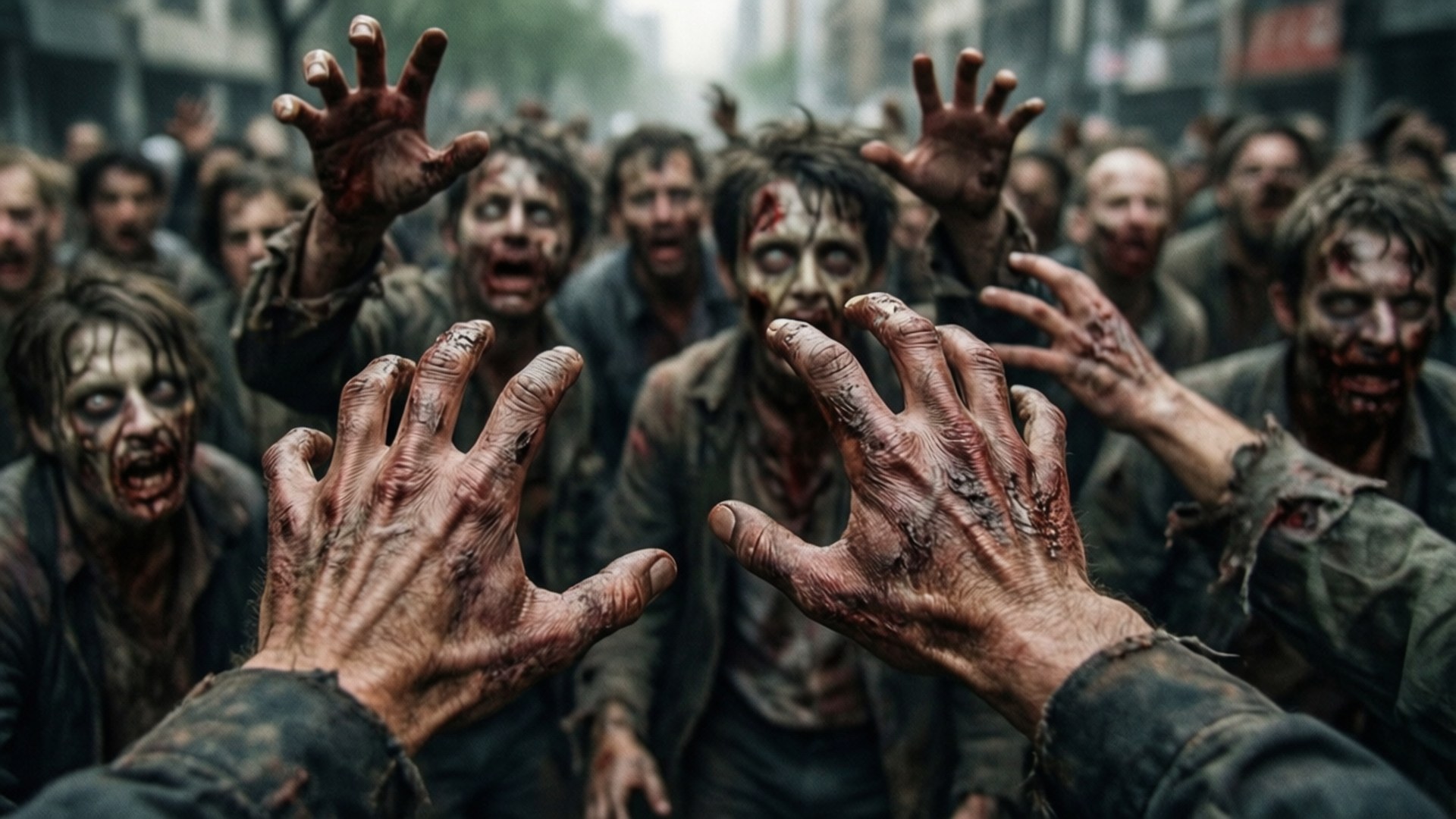 Zombie Outbreak First Person 壁紙 — 一群恐怖的殭屍，雙手沾滿鮮血，衣衫襤褸，在骯髒的城市街道上湧向前。