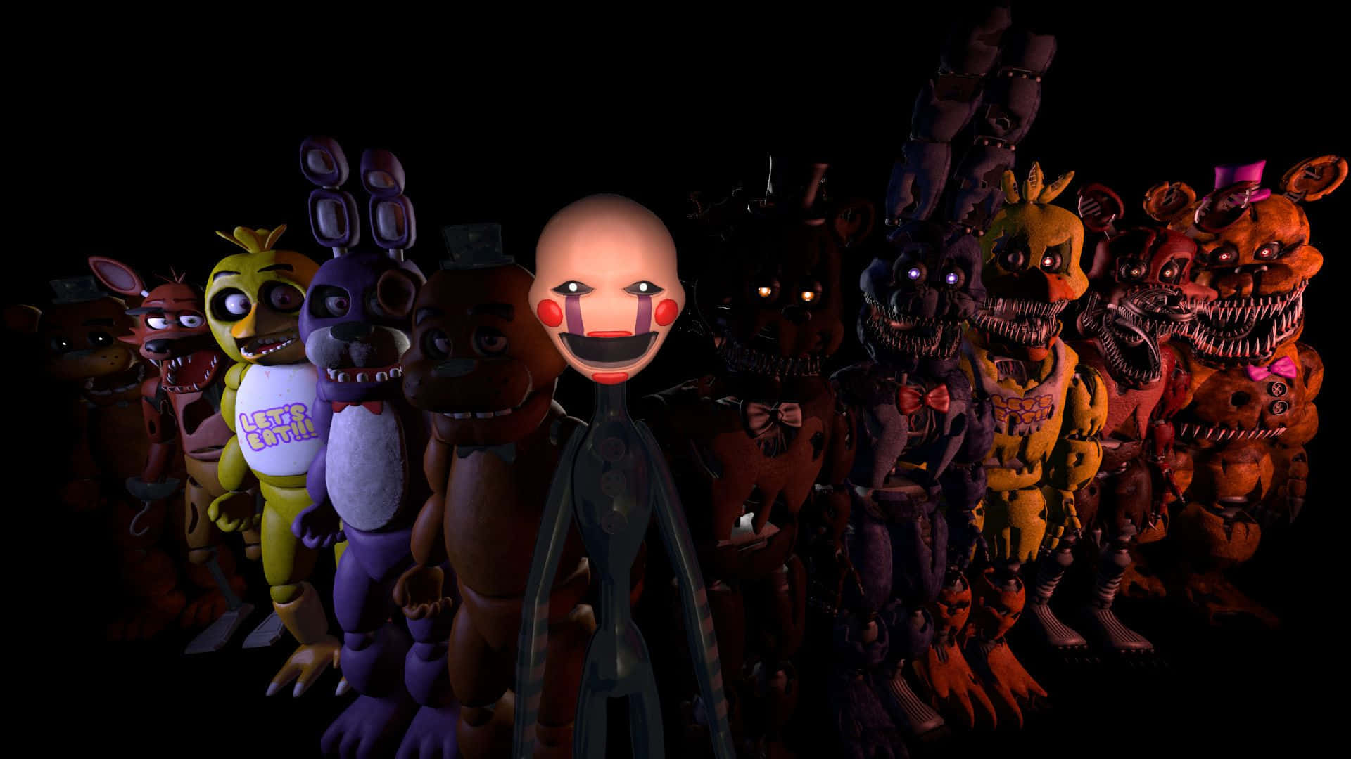  壁紙 — 一群來自《Five Nights at Freddy's》的威脅性電子動畫角色，站在黑暗的房間裡，眼睛發光，露出詭異的笑容。