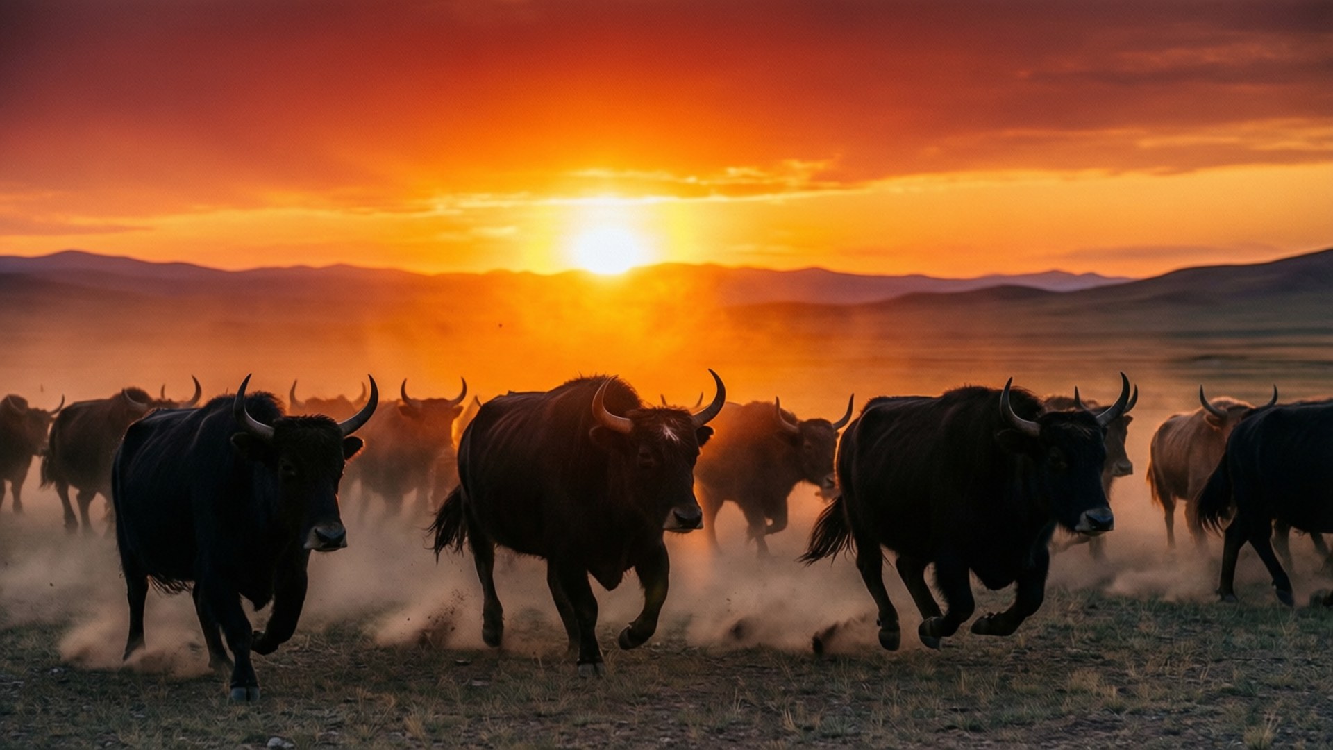 Mongolian Oxen at Sunset 壁紙 — 一群氂牛在塵土飛揚的平原上奔騰，夕陽在遠山後方呈現火紅的橙色和紅色色調。