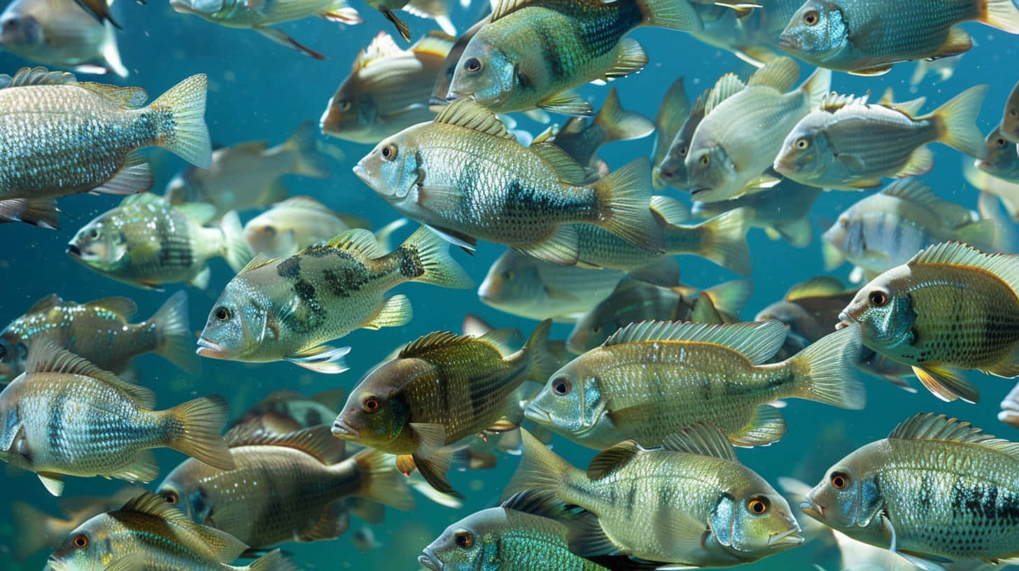  壁紙 — 一群密集的彩色淡水魚在清澈的藍色水中動態游動。