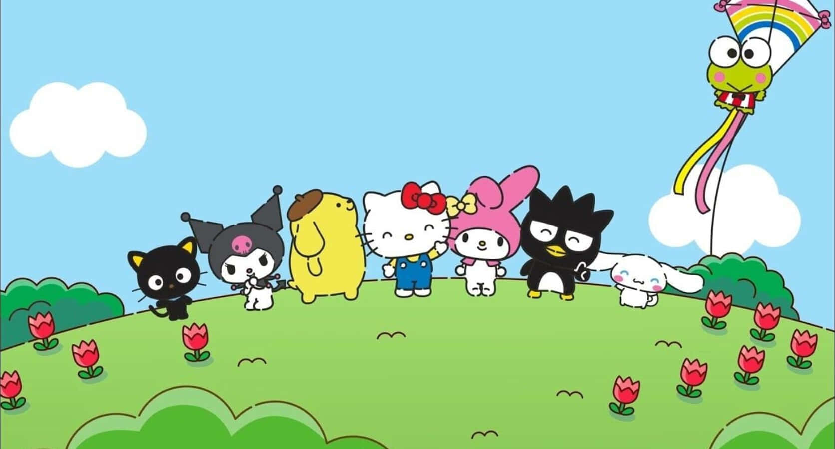 Sanrio角色在山丘上，有鬱金香和天空中的彩虹風箏。 — Hello Kitty 壁紙