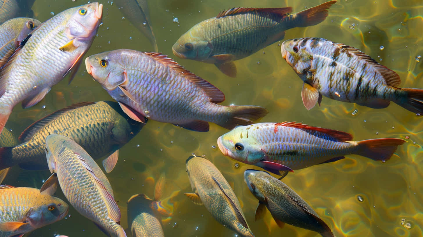  壁紙 — 一群色彩繽紛的淡水魚在淺池塘陽光斑駁的水面附近優雅地游動。