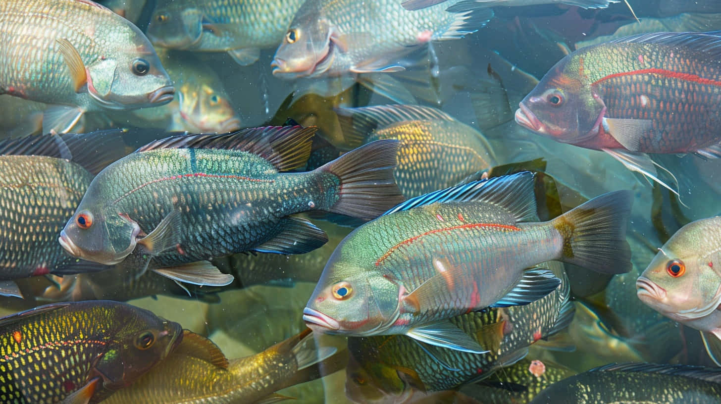  壁紙 — 一群色彩繽紛的淡水魚在清澈的水中緊密地游動，鱗片和魚鰭清晰可見。
