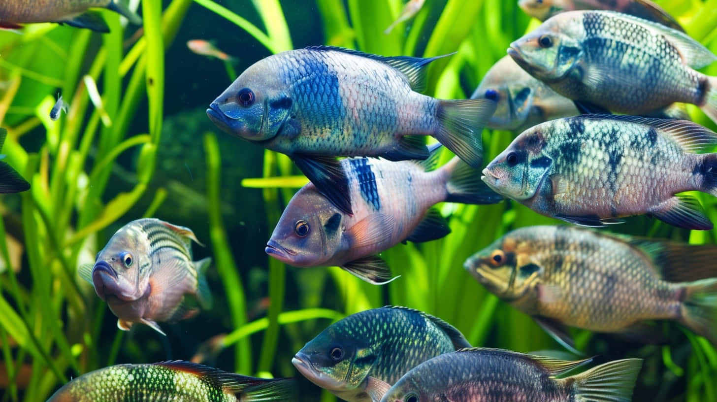  壁紙 — 一群色彩繽紛的淡水魚在清澈的水族箱中，於充滿活力的綠色水生植物間優雅地游動。