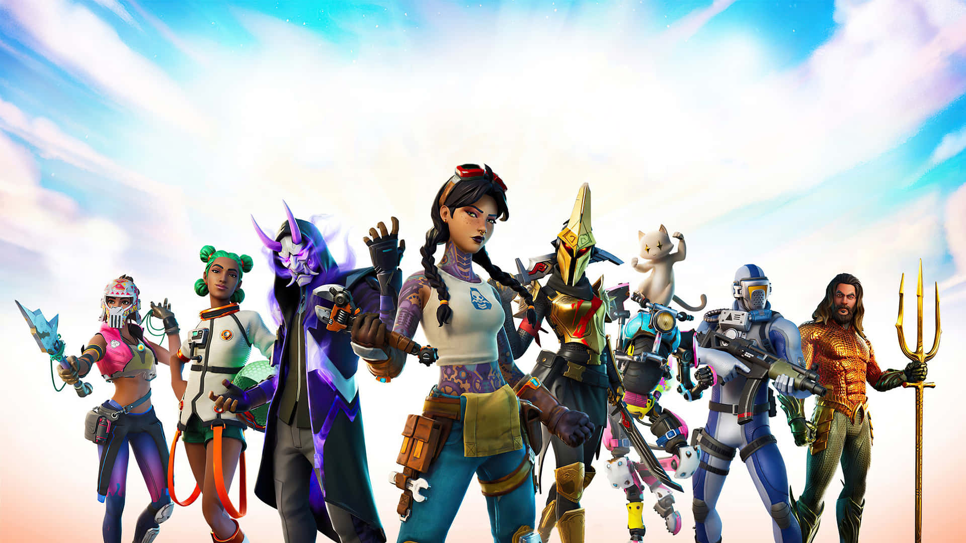  壁紙 — 一群色彩繽紛的Fortnite角色穿著鮮豔服裝，在明亮的天空背景下擺出姿勢。