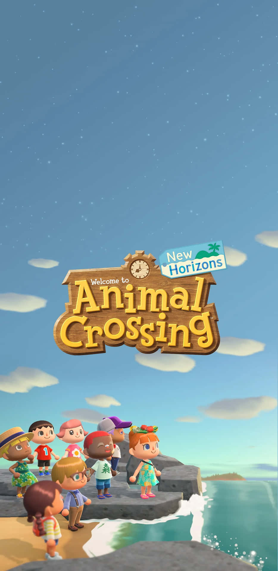  壁紙 — 一群色彩繽紛的卡通角色站在岩石海灘上，星空下，Animal Crossing New Horizons 的標題在他們上方閃耀。
