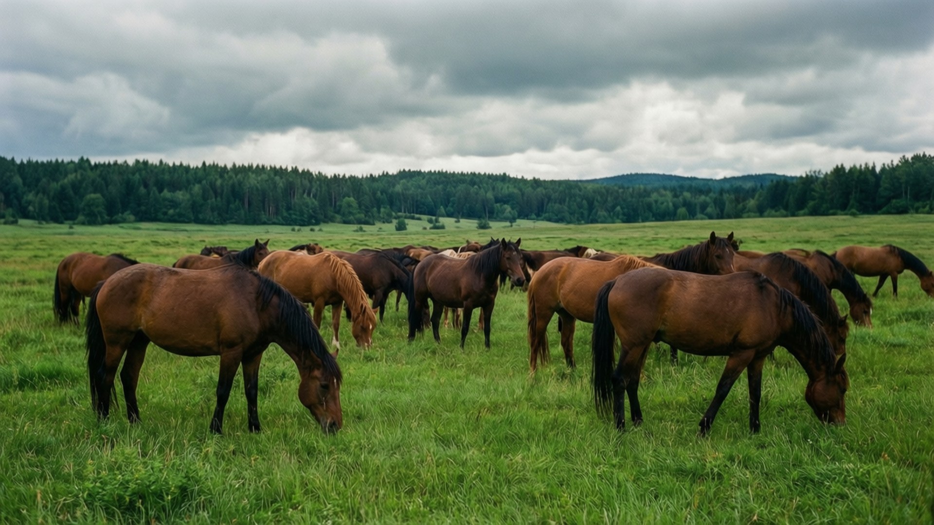 Horses in Lush Meadow 壁紙 — 一群棕色馬匹在陰天、遠處有森林覆蓋的山丘下，於茂盛的綠色田野中平靜地吃草。