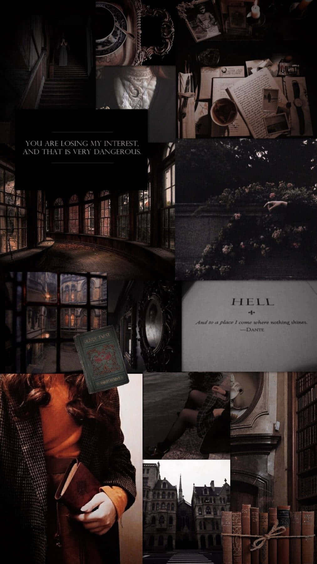 Dark Book Aesthetic 桌布 壁紙 — 以深色憂鬱風格拼貼哥德式室內設計、復古書籍和帶有不祥預感的引言，採用懷舊棕褐色調。