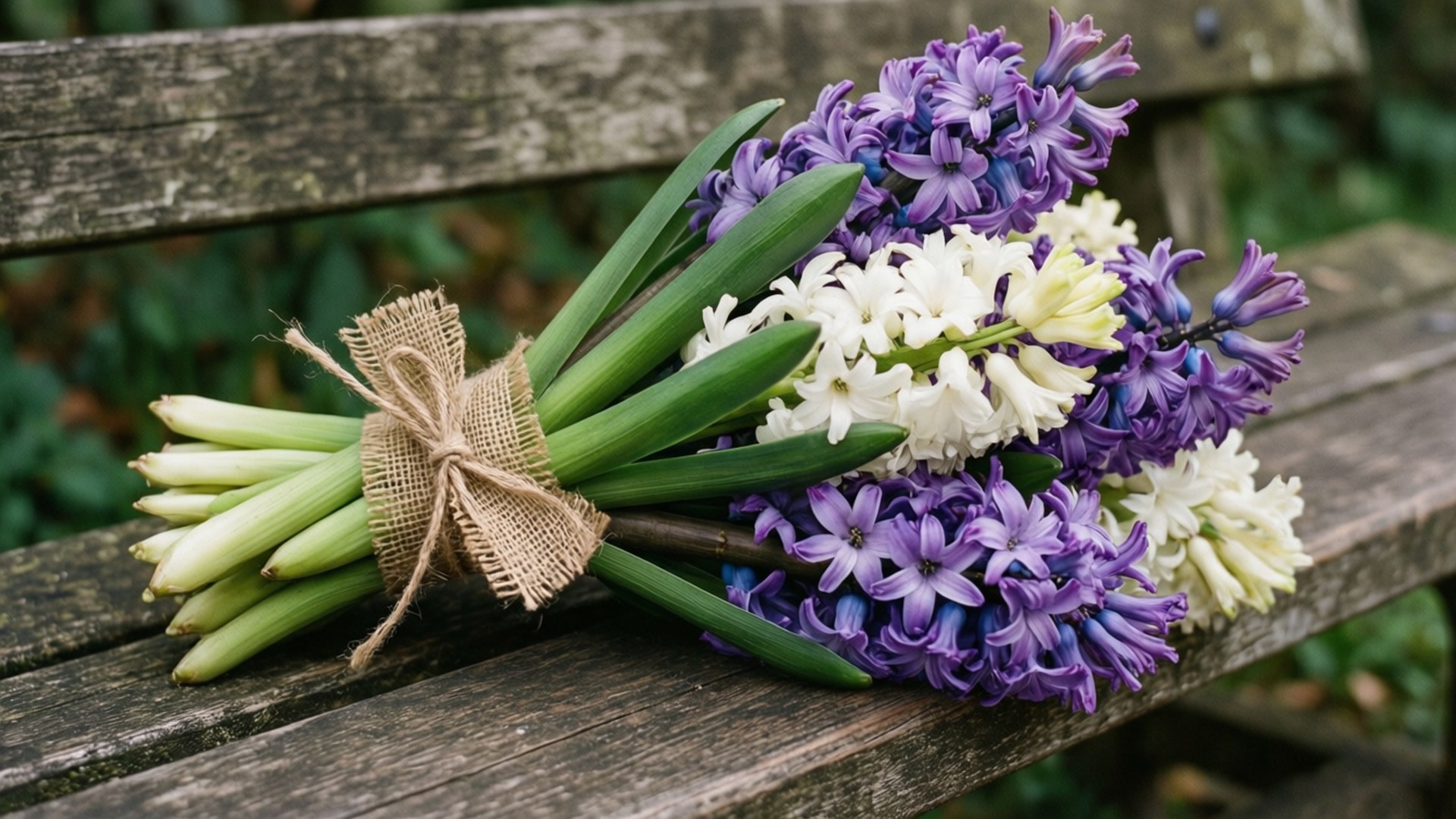 Rustic Hyacinth Bouquet 壁紙 — 一束充滿活力的紫色和白色風信子，用麻布綁著，放在一張風化的木長椅上。
