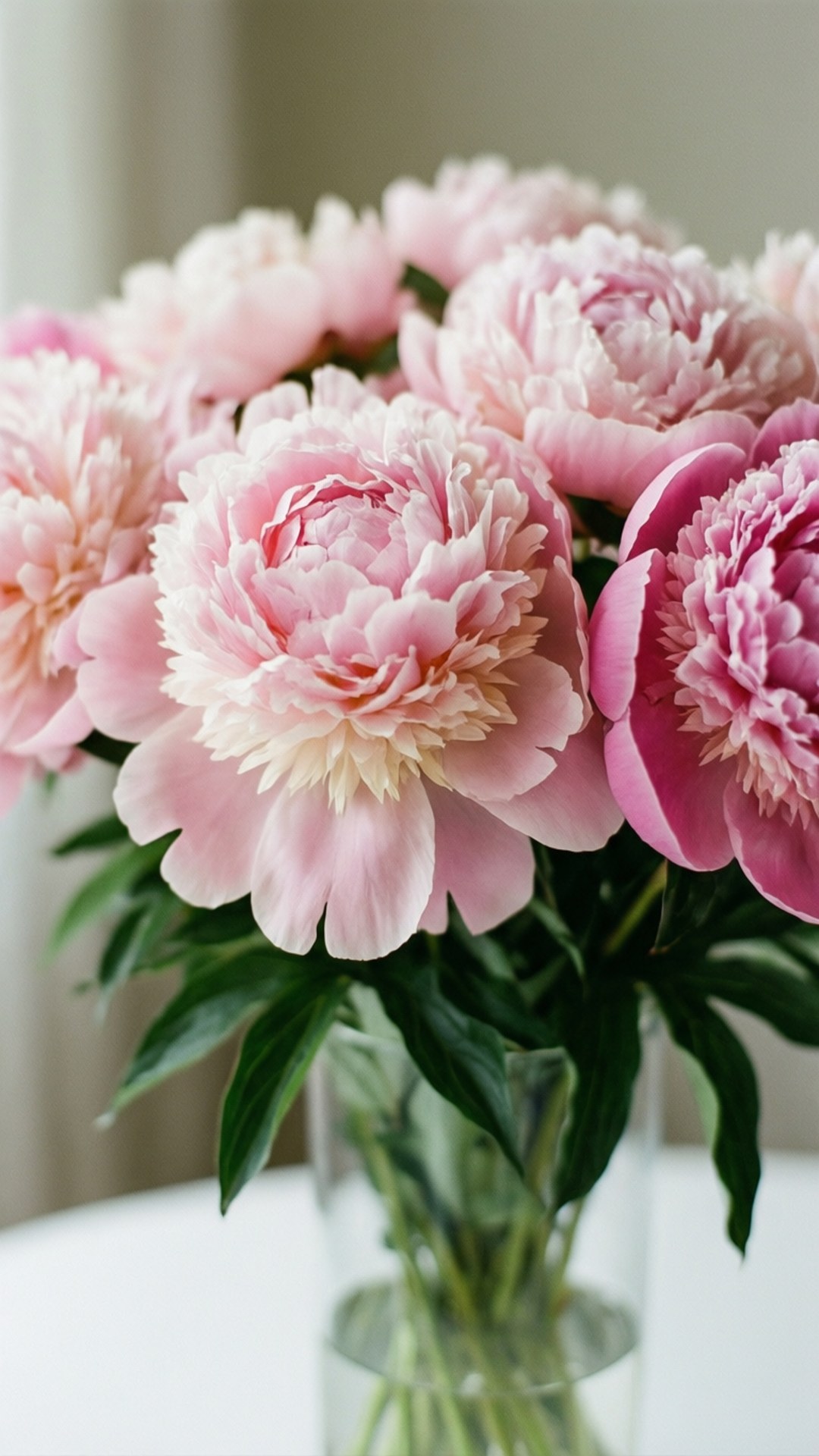 Peony Elegance 壁紙 — 一束茂盛的柔粉色牡丹，層層疊疊的花瓣和深綠色的葉子，優雅地放在白色表面上的透明玻璃花瓶中。