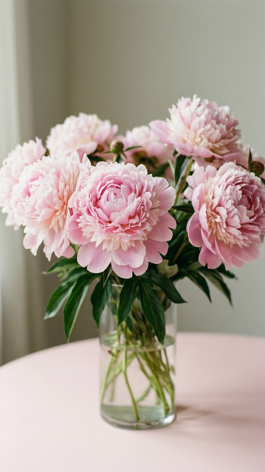 Pink Peonies Vase 壁紙 — 一束茂盛的柔粉色牡丹花，搭配綠葉，放在透明玻璃花瓶裡，置於淡粉色桌子上。