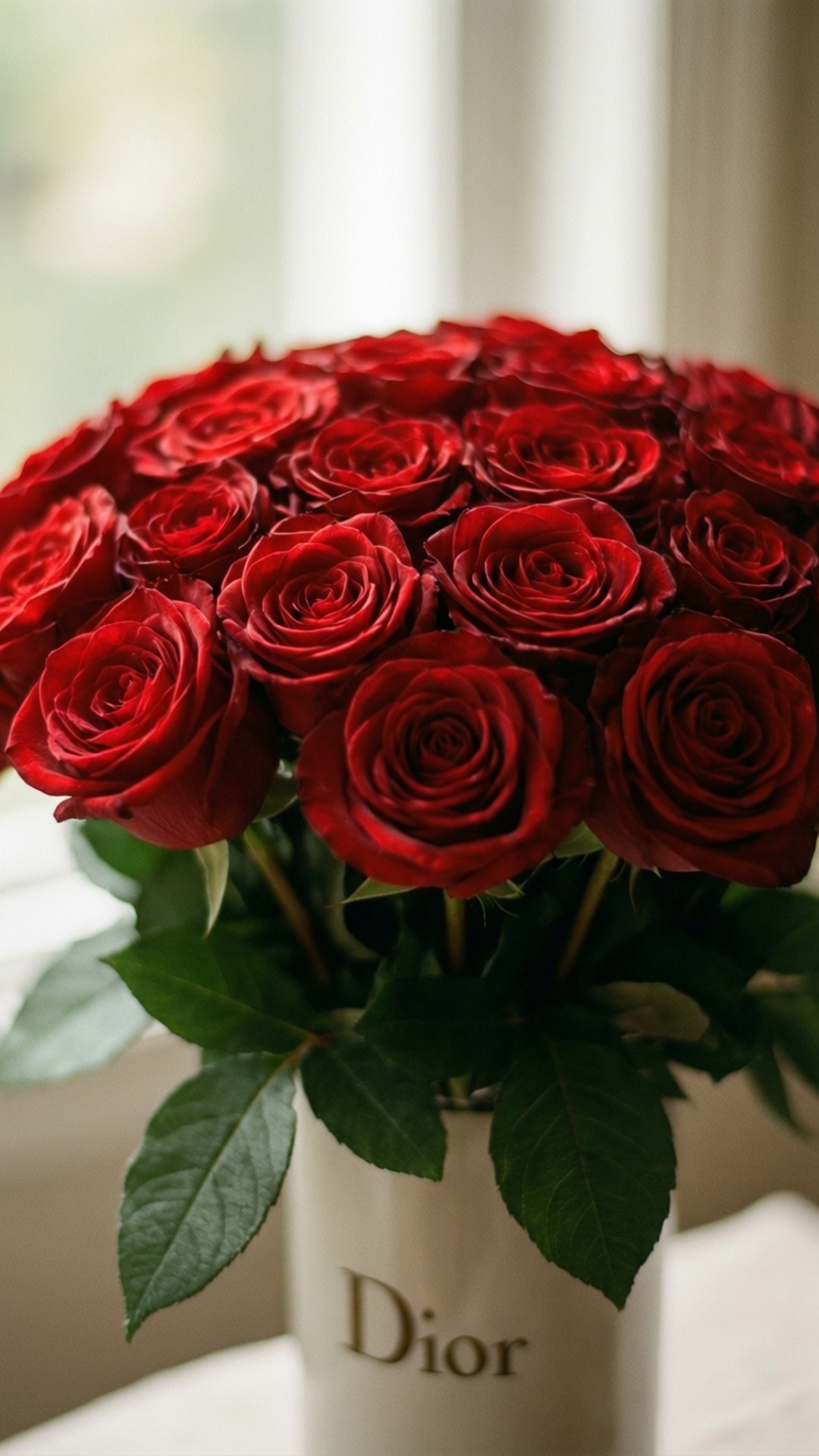 Dior Red Roses 壁紙 — 一束茂盛的深紅玫瑰插在白色Dior花瓶裡，搭配綠葉，放在明亮的窗邊。