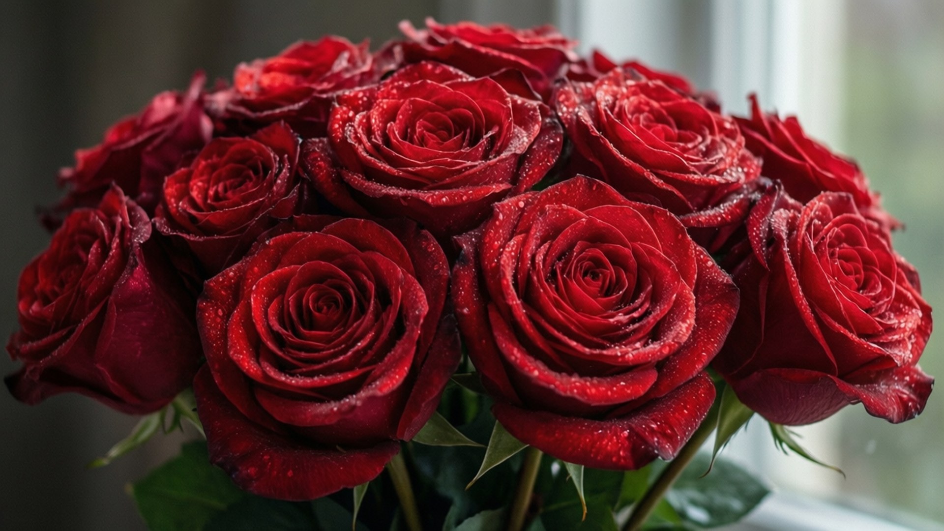 Red Roses Dew Drops 壁紙 — 一束茂盛的深紅玫瑰在柔和模糊的窗戶背景下閃爍著露珠。