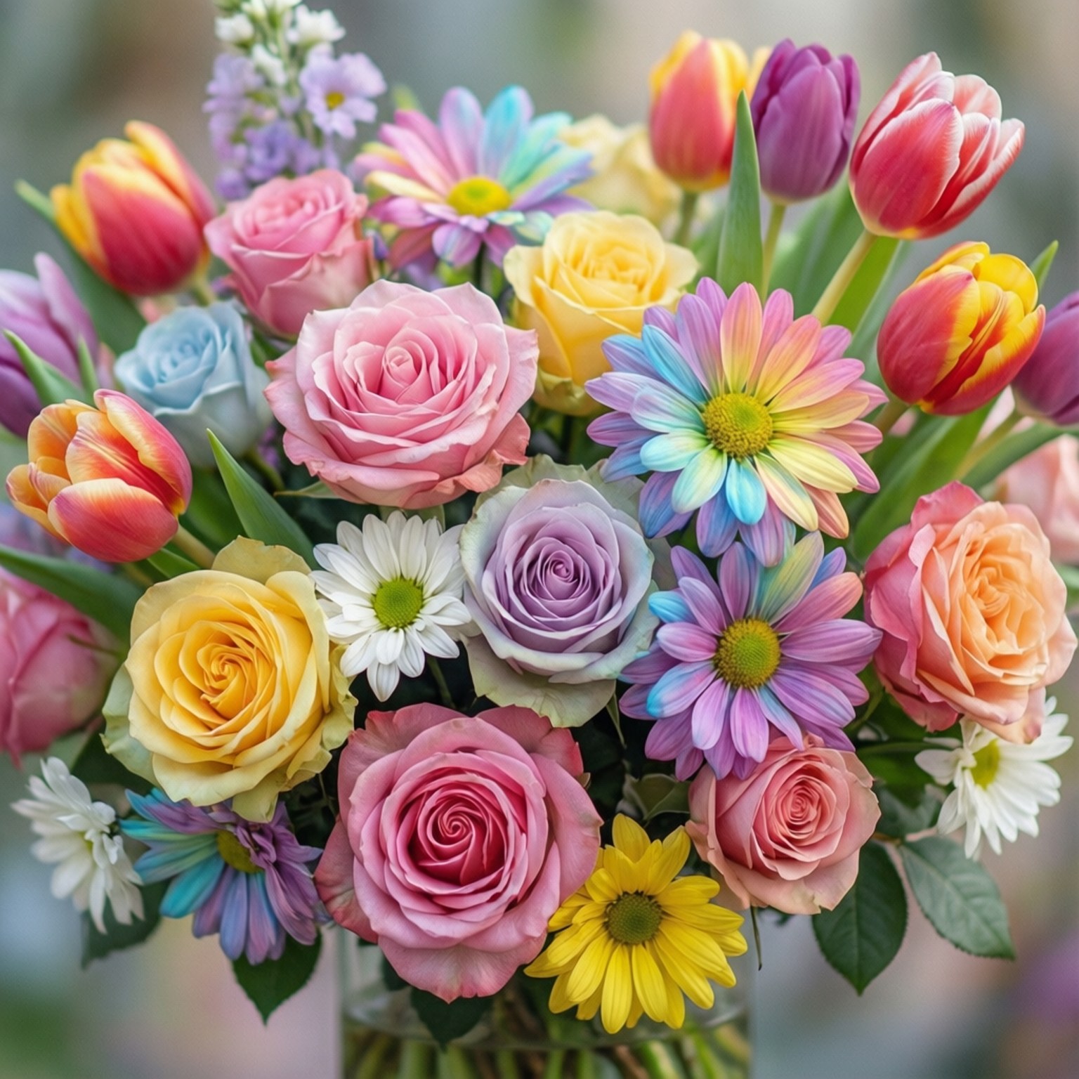 柔和彩虹花卉 壁紙 — 一束色彩繽紛的鮮花，包括玫瑰、雛菊和鬱金香，插在玻璃花瓶中，背景柔和模糊。
