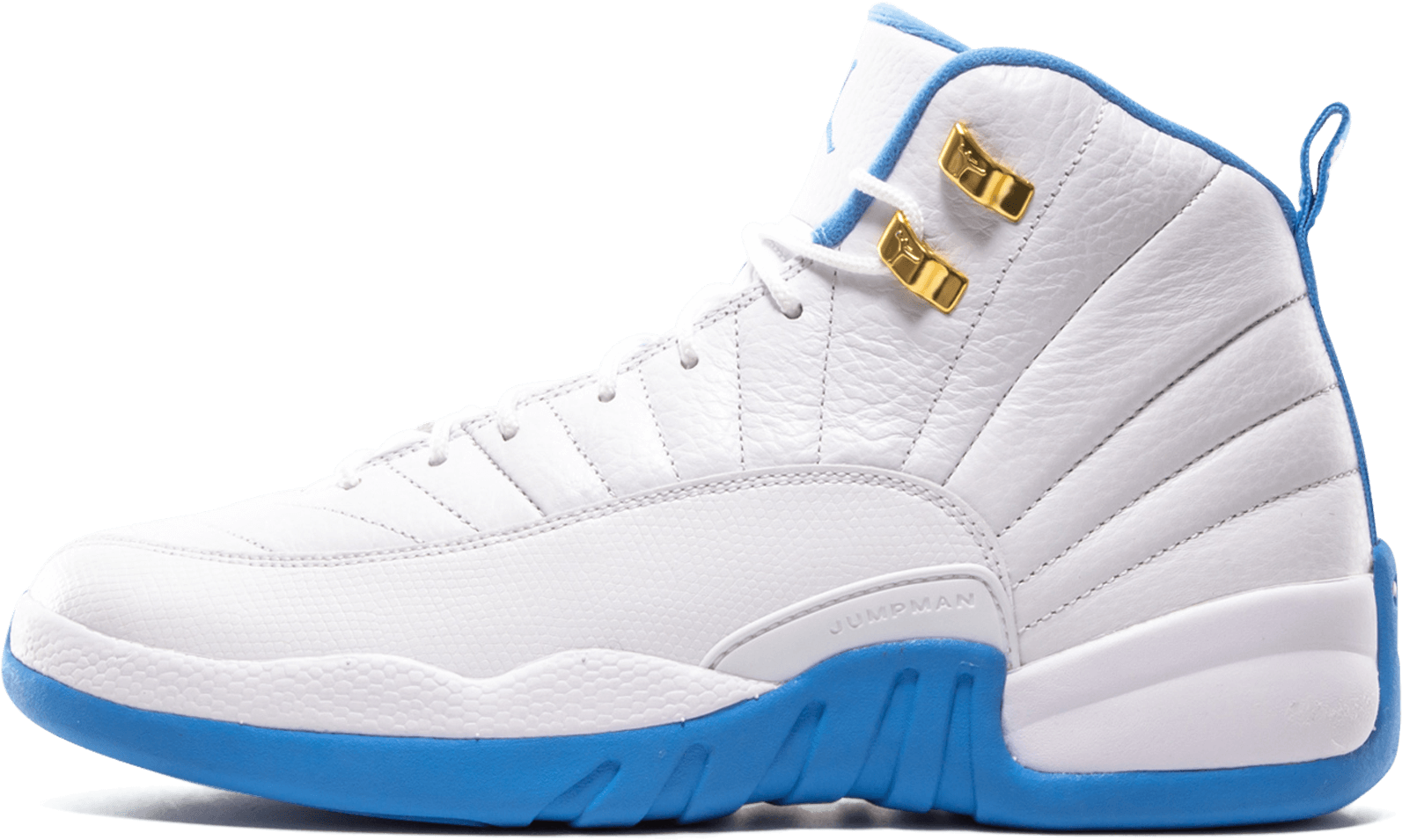 黑色背景上的白色高筒運動鞋，藍色鞋底和金色鞋眼 — Air Jordan 壁紙