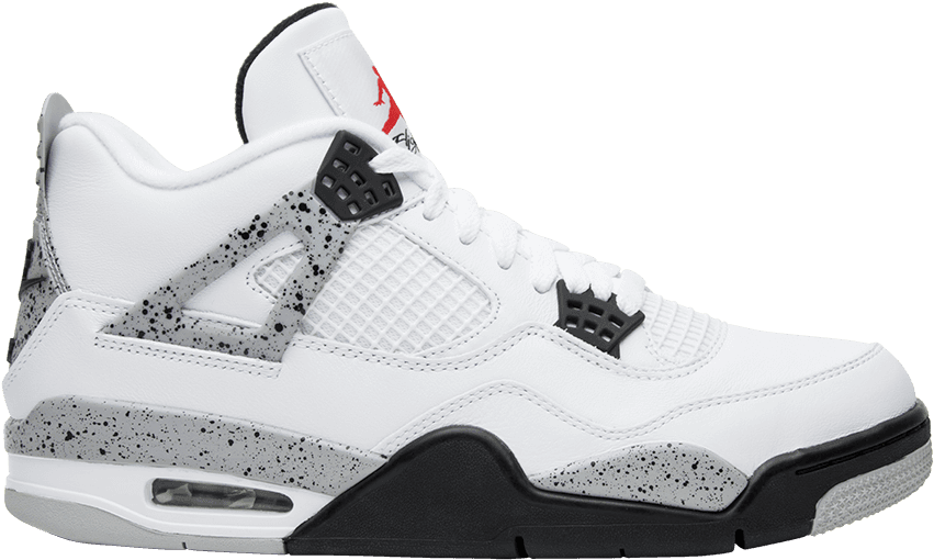 白色Jordan 4運動鞋，帶有黑色斑點和紅色標誌，背景為黑色。 — Air Jordan 壁紙