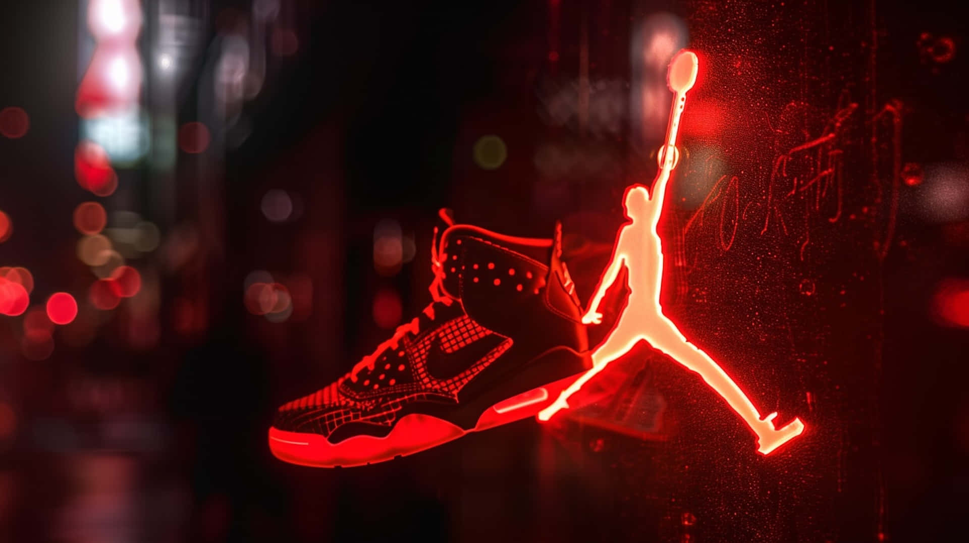 壁紙 — 一雙發光的紅色Jordan運動鞋和Jumpman剪影在夜晚模糊的霓虹城市景觀中漂浮。