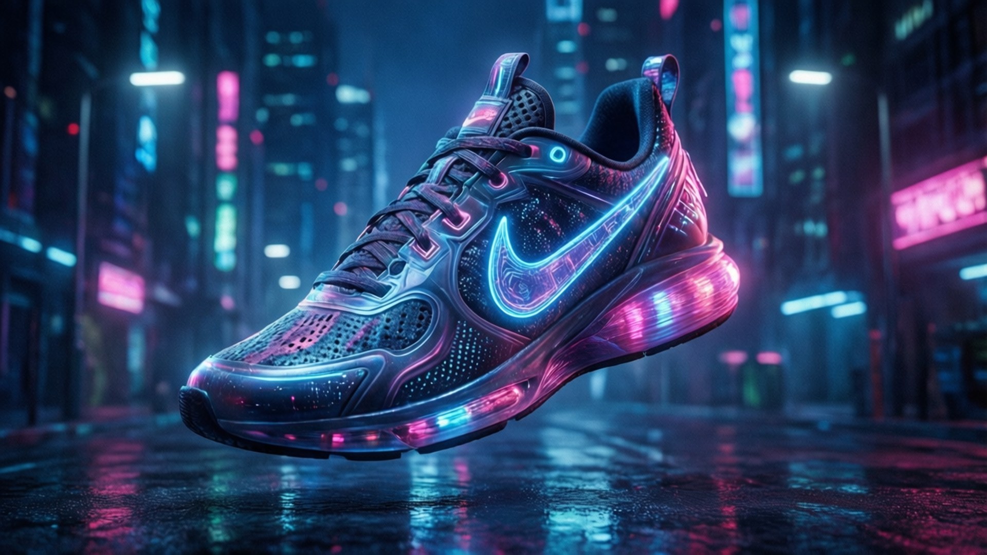 Neon Nike Cyberpunk 壁紙 — 一雙發光的霓虹燈Nike運動鞋漂浮在潮濕的賽博朋克街道上，反射出鮮豔的粉紅色和藍色燈光。