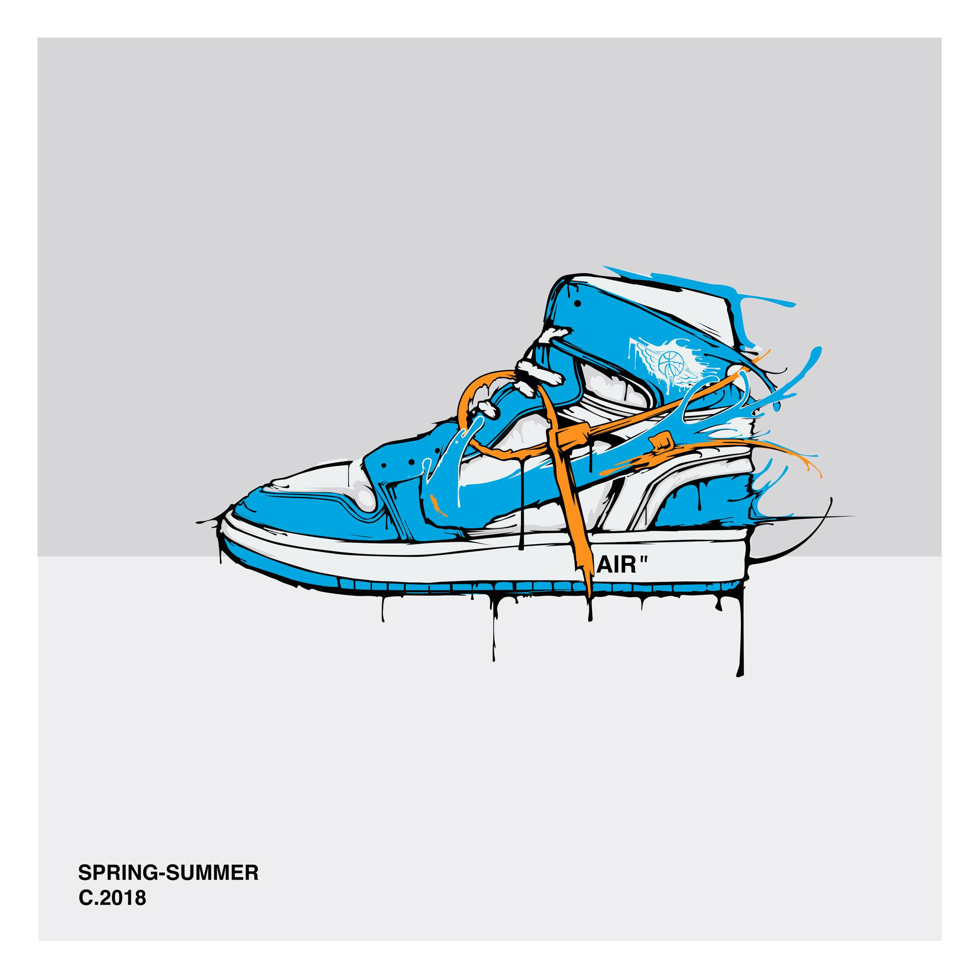 灰色背景上的藍白運動鞋，配有橙色鞋帶和油漆滴落效果。 — Jordan Logo 壁紙