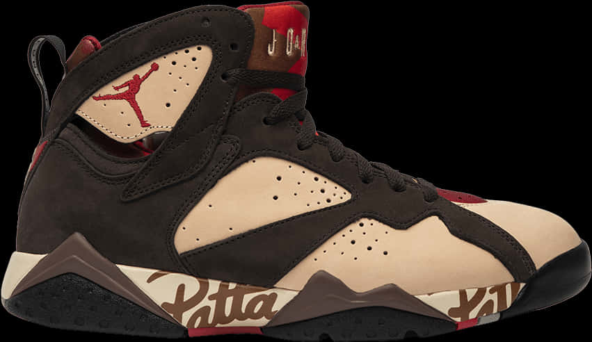 棕米色和紅色Jordan 7運動鞋，鞋底有Patta標誌。 — Air Jordan 壁紙