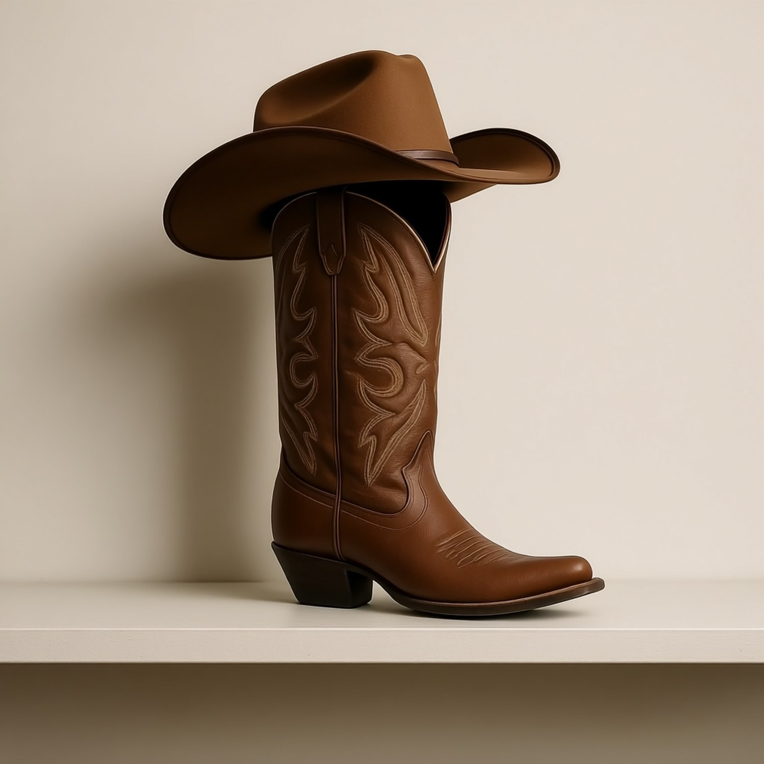 Woody Hat and Boots 壁紙 — 一雙棕色牛仔靴，帶有精緻的縫線，放在白色架子上，頂部平衡著一頂相配的棕色牛仔帽。