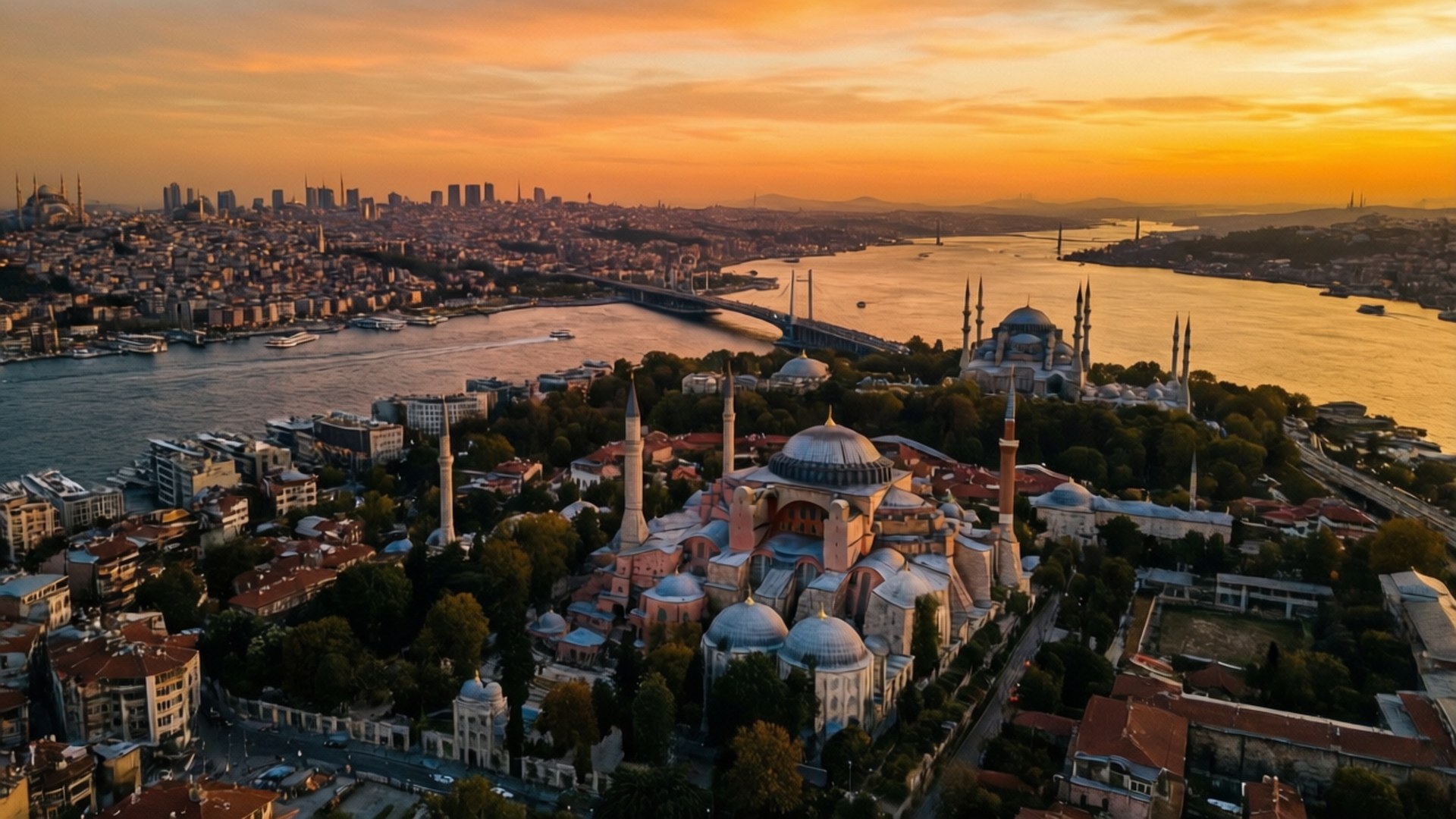 Golden Hour Over Istanbul 壁紙 — 伊斯坦堡黃金時段的鳥瞰圖，展示聖索菲亞大教堂和博斯普魯斯海峽，溫暖的橙色天空和城市景觀。