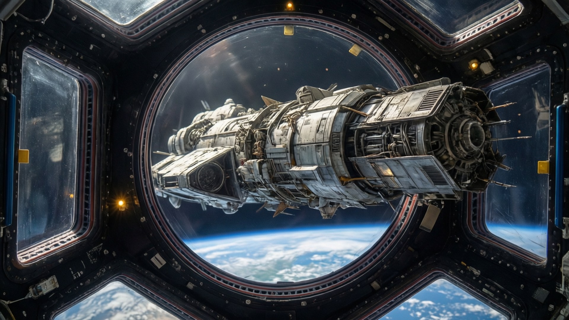 Station Docking 壁紙 — 一艘巨大的未來主義太空船懸浮在太空站觀景窗外面，下方可見地球的藍色曲線和雲層。