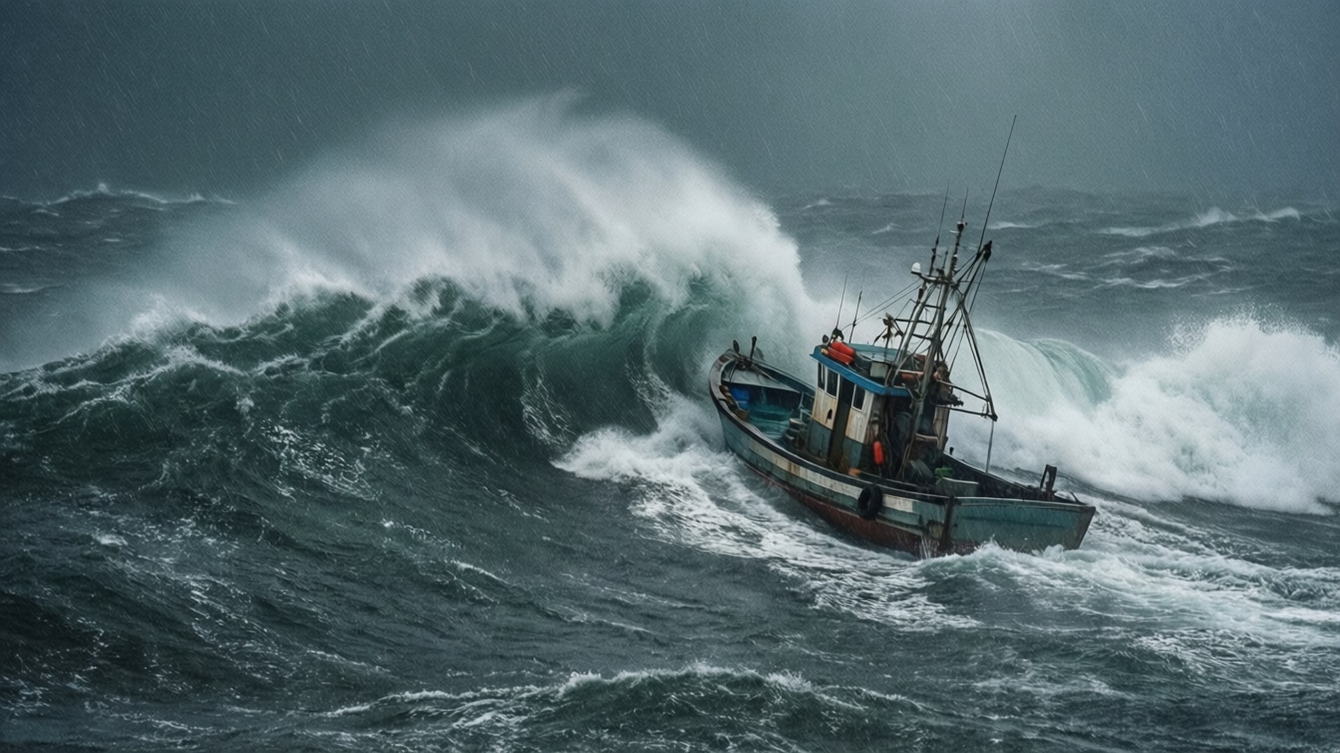 Boat in Stormy Sea 壁紙 — 一艘小漁船在黑暗的天空下，於波濤洶湧的大海中與巨浪搏鬥。