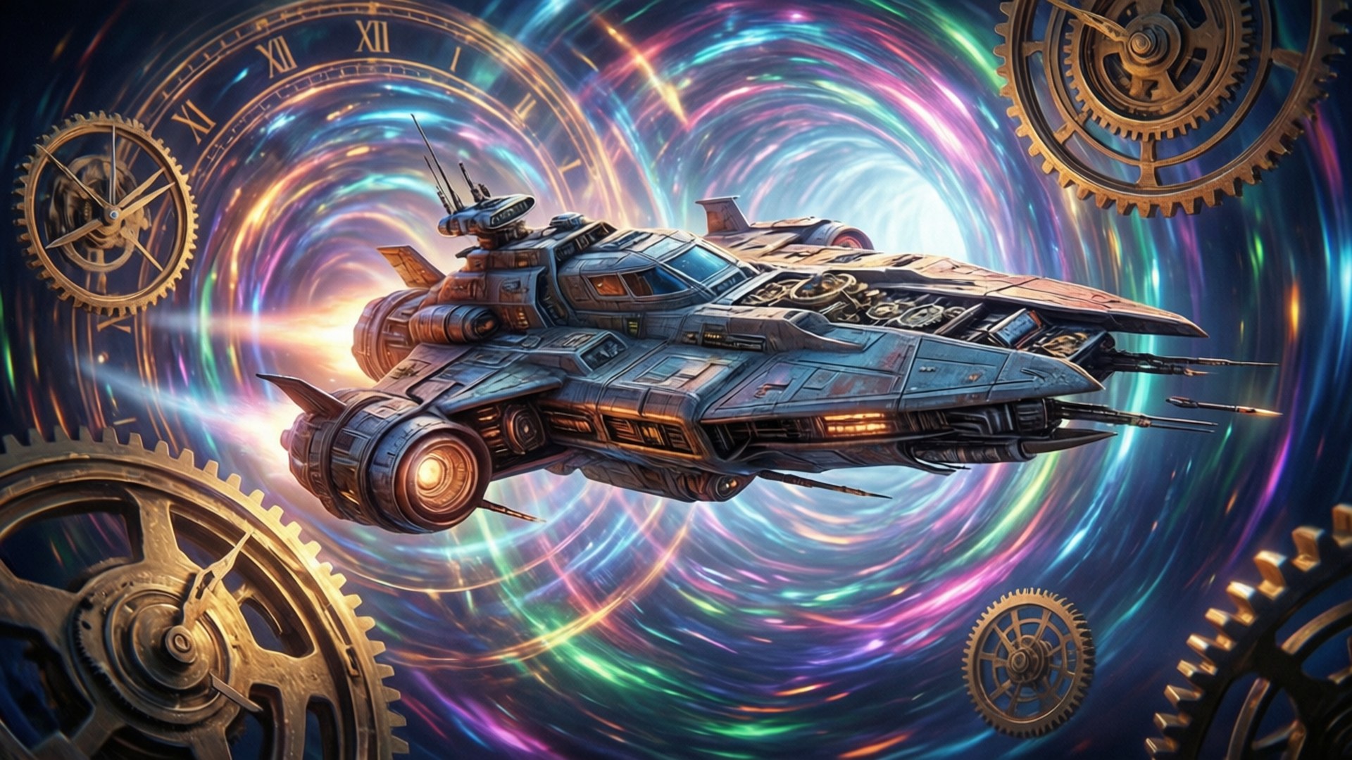 Legends Of Tomorrow 桌布 壁紙 — 一艘蒸汽龐克太空船，引擎發光，飛過一個由巨大黃銅齒輪和羅馬數字環繞的旋轉宇宙漩渦。