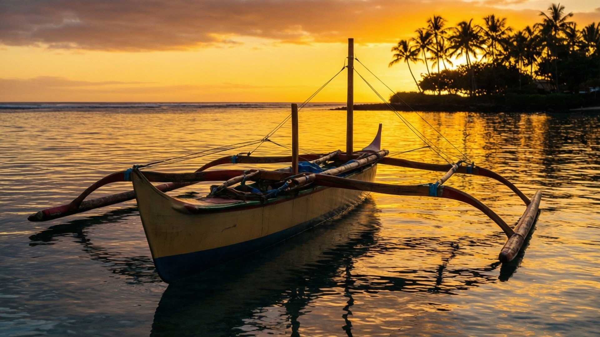 Outrigger Canoe Sunset 壁紙 — 一艘傳統的舷外支架船在日落時靜靜地漂浮在金色的水面上，棕櫚樹在火紅的天空中映襯出剪影。