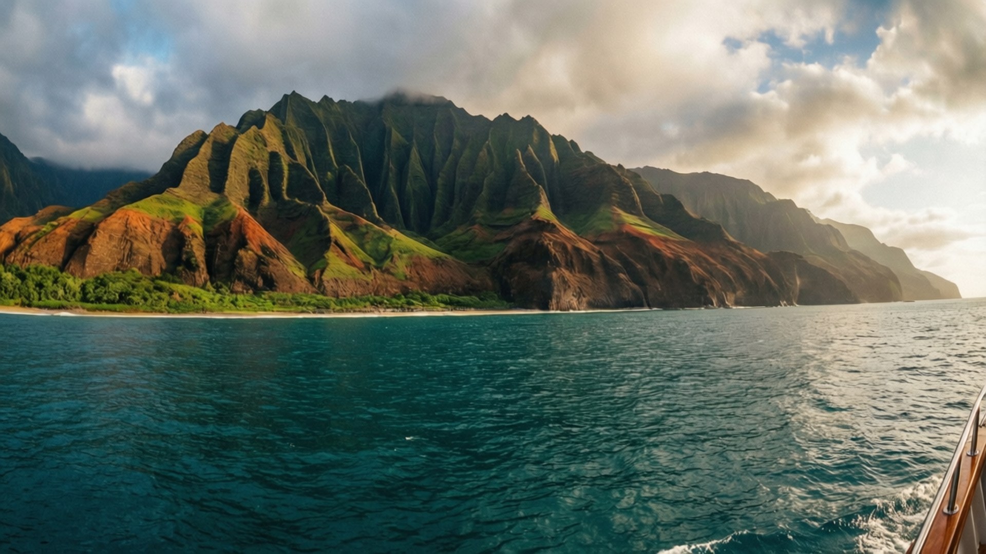 Na Pali Coast Boat View 壁紙 — 一艘船在深藍綠色的海面上滑行，朝向戲劇性的綠色和鏽色懸崖，天空多雲。