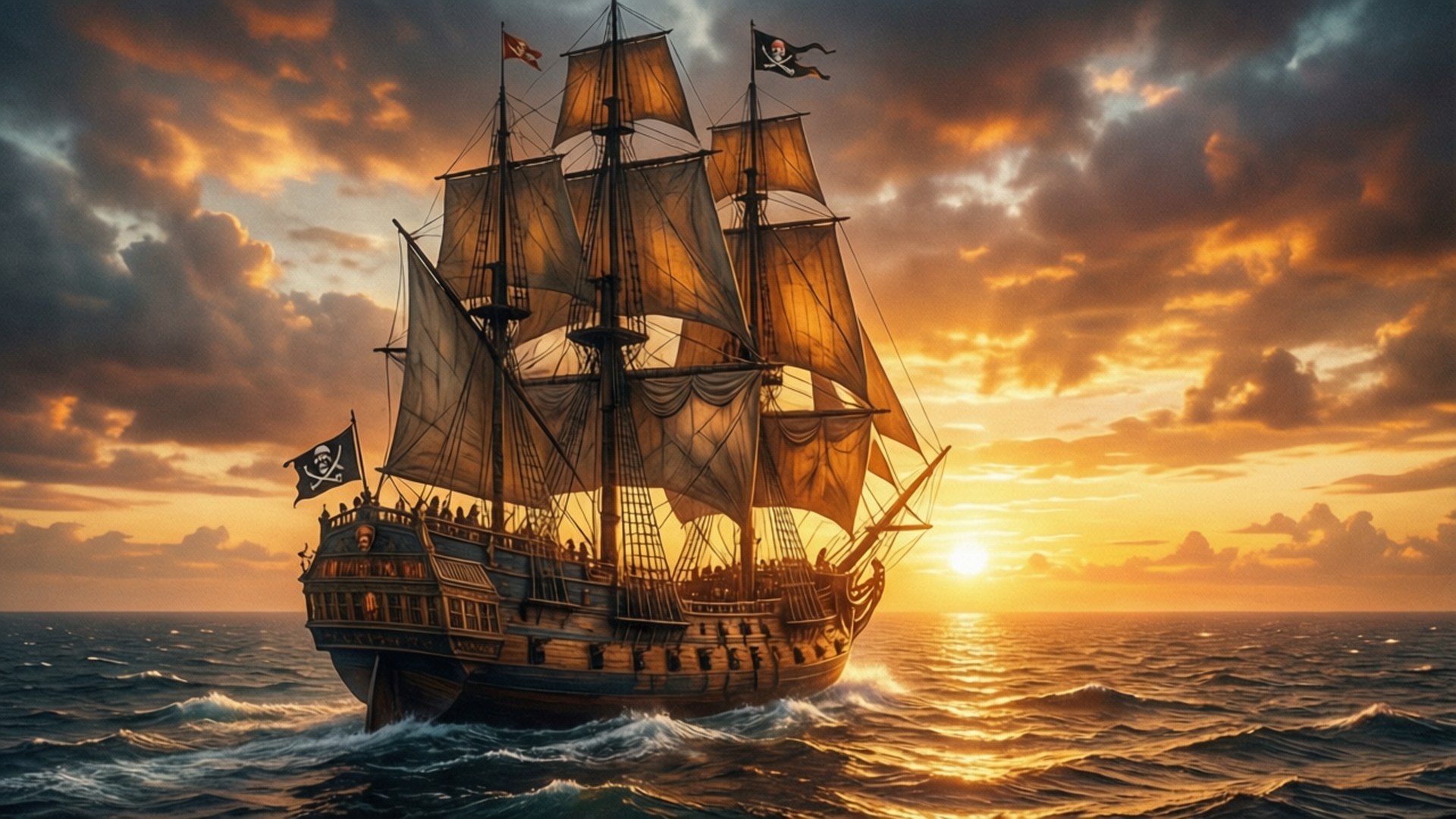 Sunset Voyage 壁紙 — 一艘大型海盜船在日落時分穿越波濤洶湧的大海，金色雲彩和骷髏旗飄揚。
