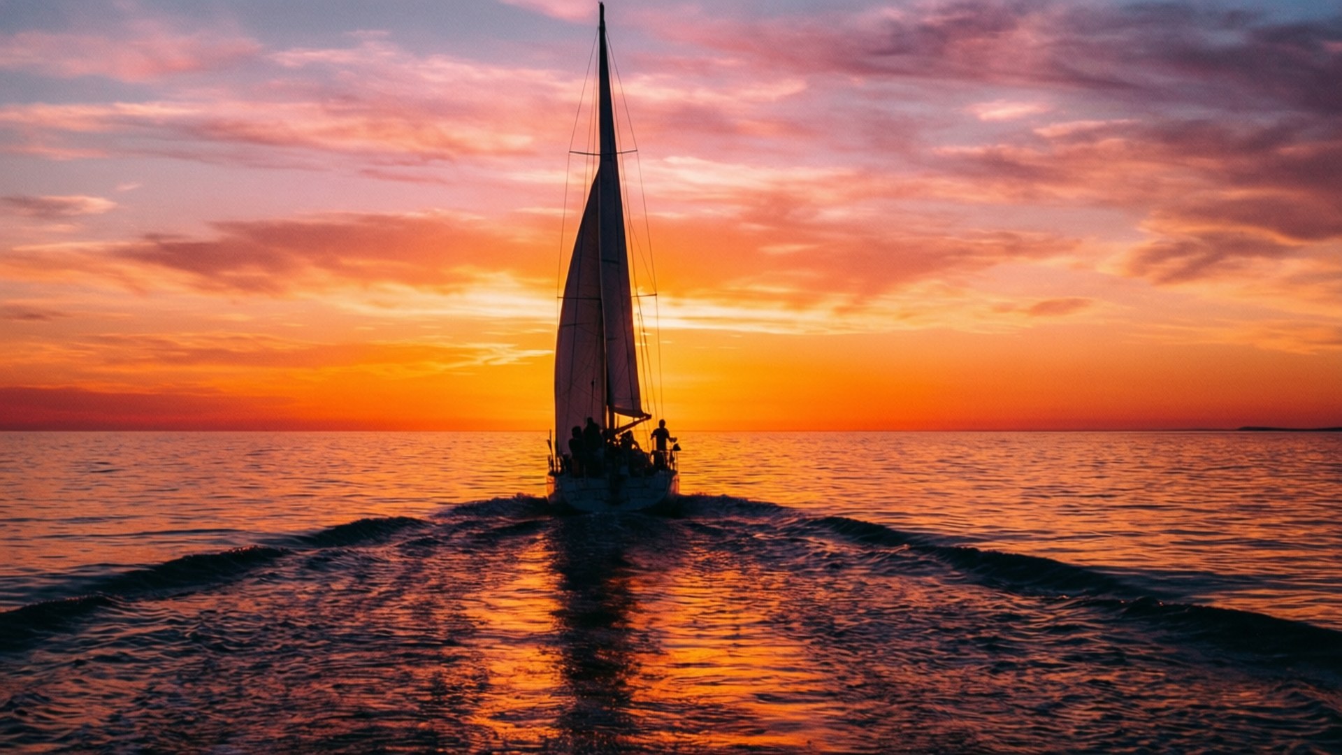 Sunset Sailboat Silhouette 壁紙 — 一艘帆船在日落時分滑過平靜的水面，鮮豔的橙色和粉紅色雲彩倒映在水面上。