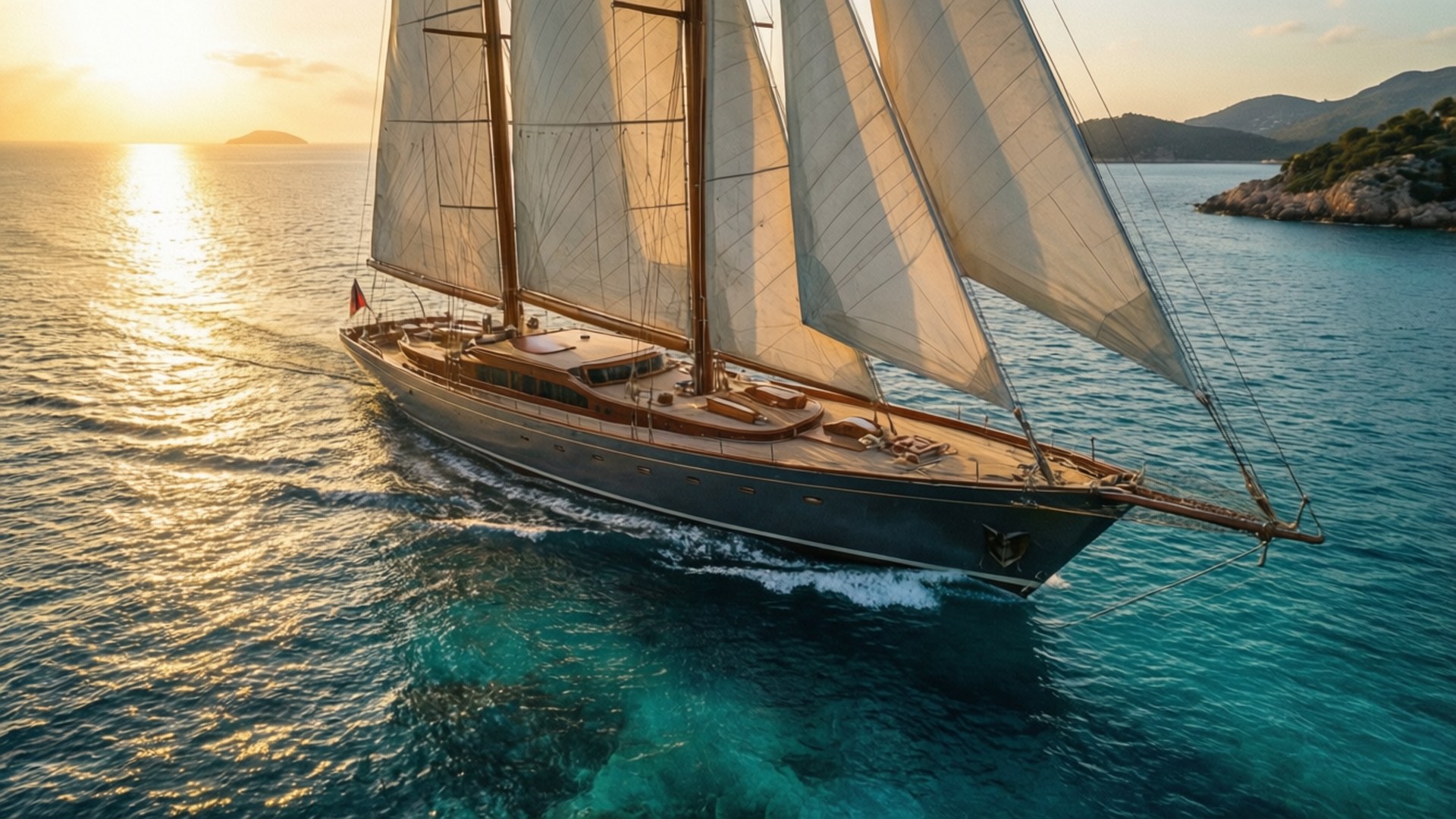 Watercraft 桌布 壁紙 — 一艘宏偉的經典帆船在金色日落時分滑過碧綠色的海水，遠方的小丘清晰可見。
