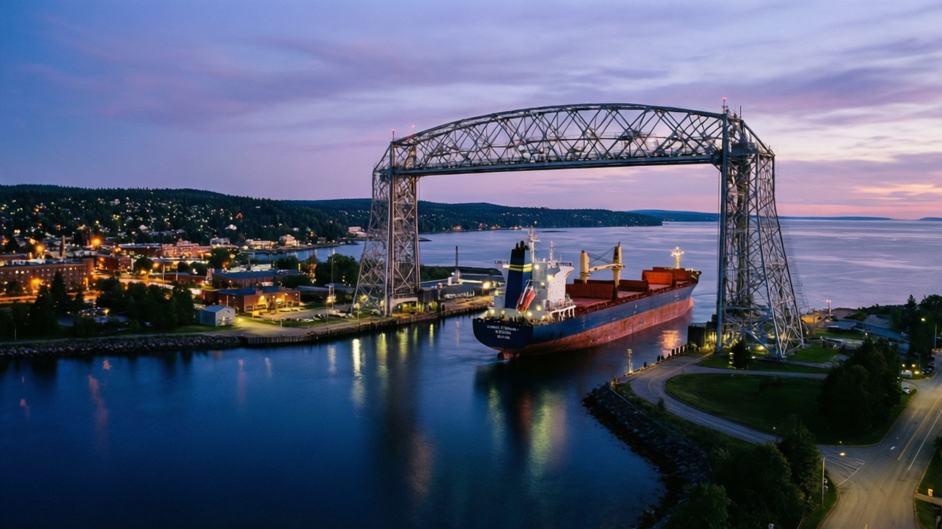 Duluth Harbor Twilight 壁紙 — 一艘巨大的貨船在黃昏時分從高聳的鋼製升降橋下駛過，城市燈光倒映在平靜的水面上。